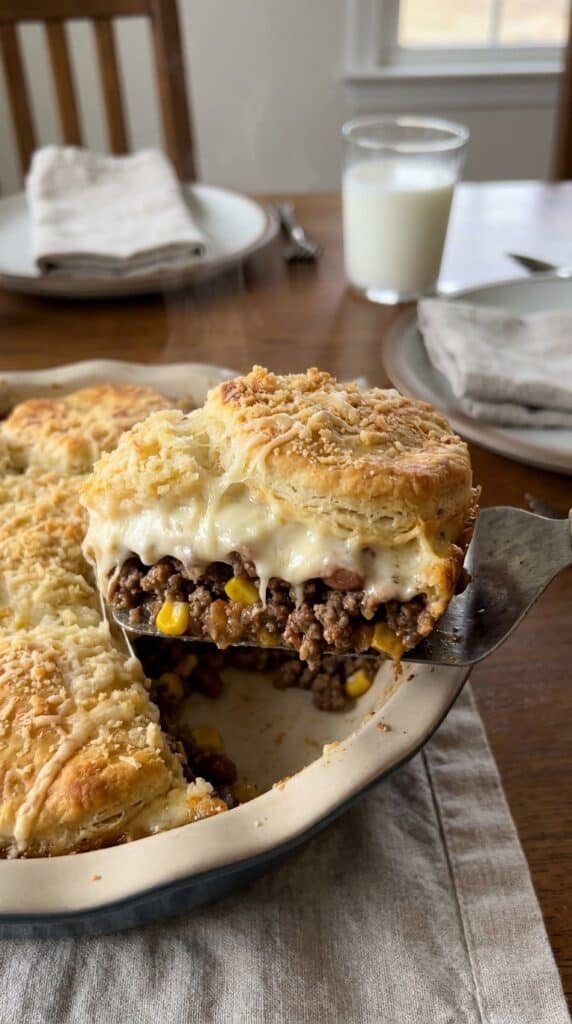 A spatula lifting a slice of beef casserole showing layers of meat, cream, and a thick cheesy biscuit topping.