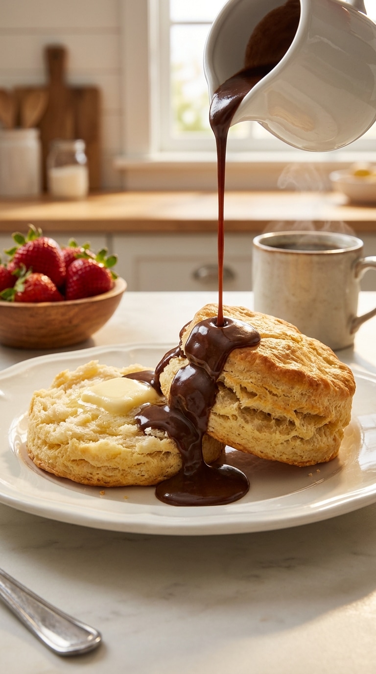 A close-up of warm, split buttermilk biscuits being smothered in a rich, glossy chocolate gravy.