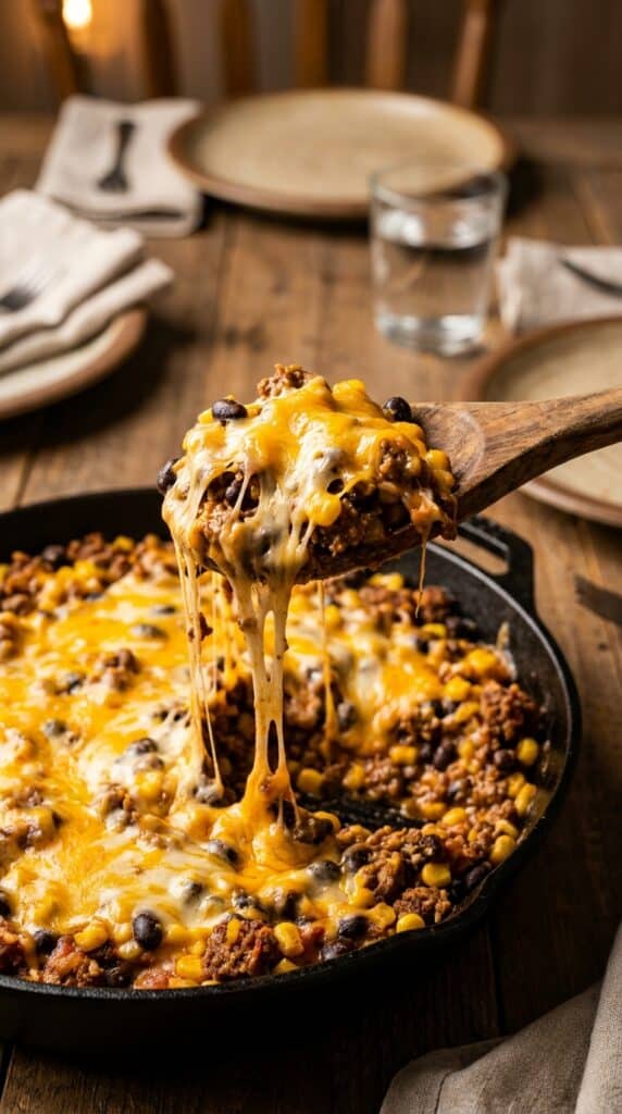 A close-up of a spoon scooping cheesy taco pasta with a long string of melted cheese stretching from the pan.