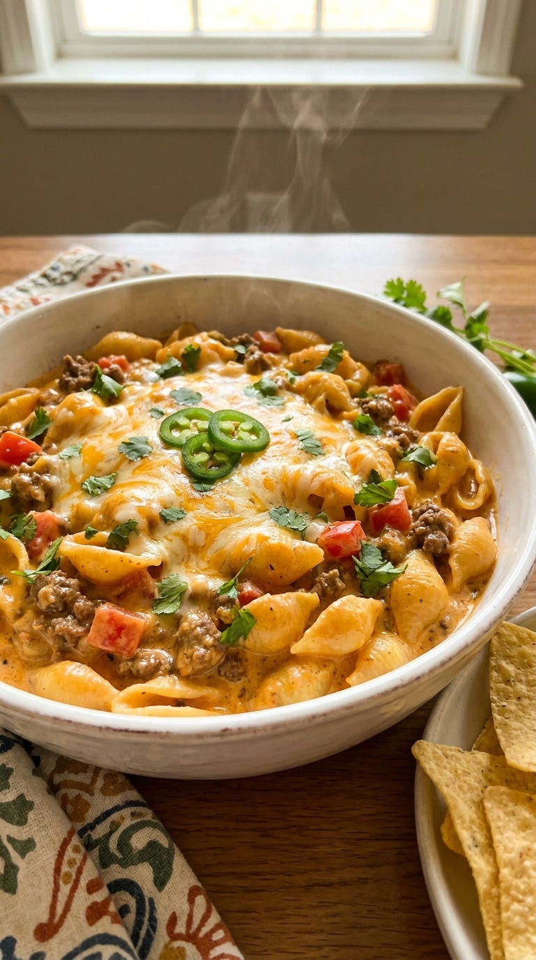 A bowl of creamy pasta shells mixed with taco-seasoned ground beef and melted cheese, topped with cilantro.