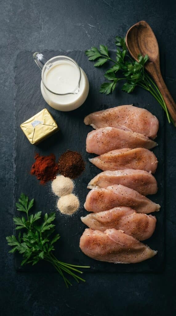 A flat lay of raw chicken, heavy cream, butter, and a variety of colorful Cajun spices on a dark surface.