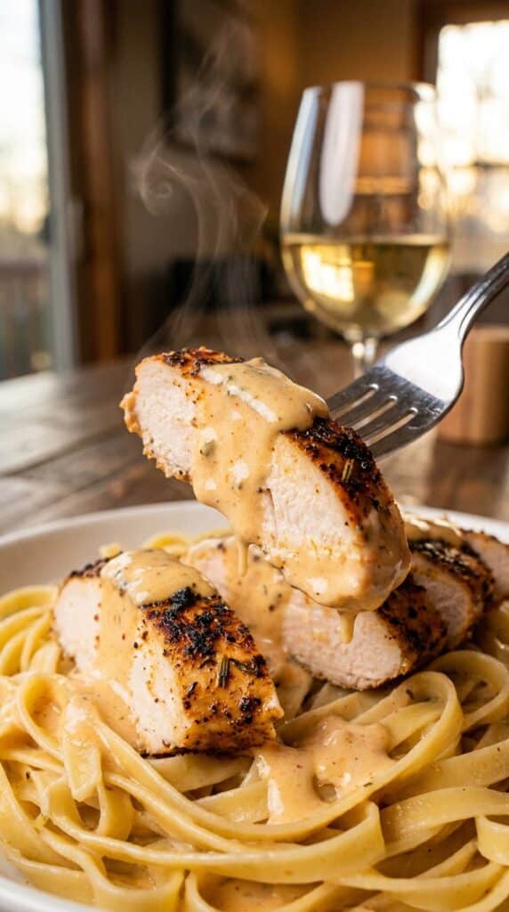 A close-up of a fork lifting a piece of creamy Cajun chicken, with sauce dripping over a bed of pasta.