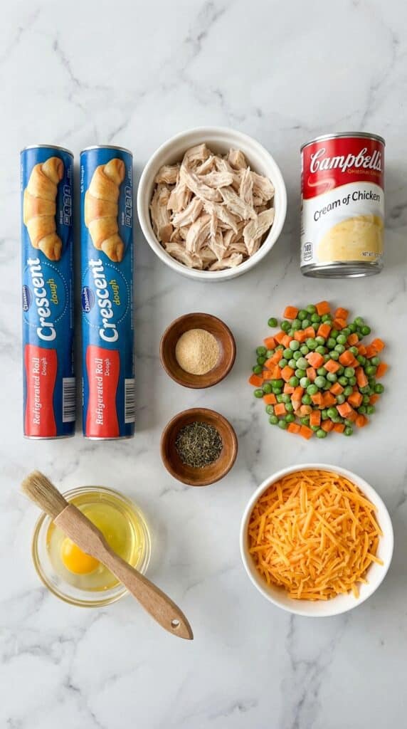 A flat lay of crescent roll dough, shredded chicken, cream of chicken soup, mixed vegetables, and cheddar cheese on a marble counter.