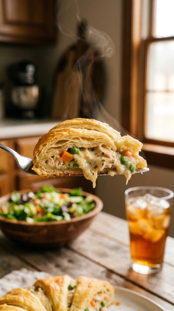 A close-up of a slice of chicken pot pie crescent braid on a server, showing the creamy filling and flaky crust.