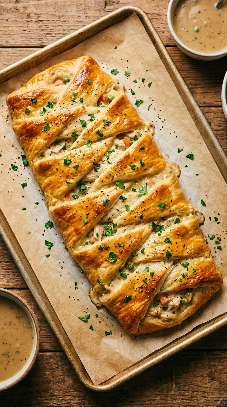 A golden-brown, braided crescent dough loaf filled with creamy chicken and vegetables on a baking sheet.