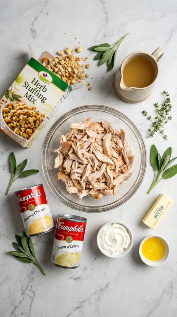 A flat lay of shredded chicken, stuffing mix, cream soups, chicken broth, sour cream, and butter on a stone counter.