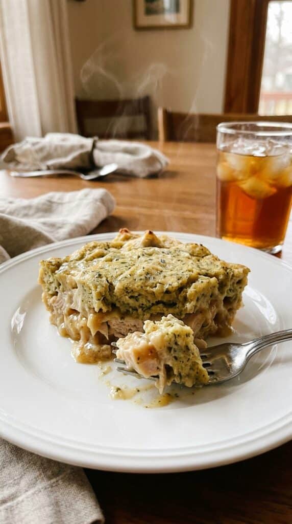 A close-up of a serving of chicken and dressing casserole on a plate, showing the creamy chicken interior and golden herb topping.
