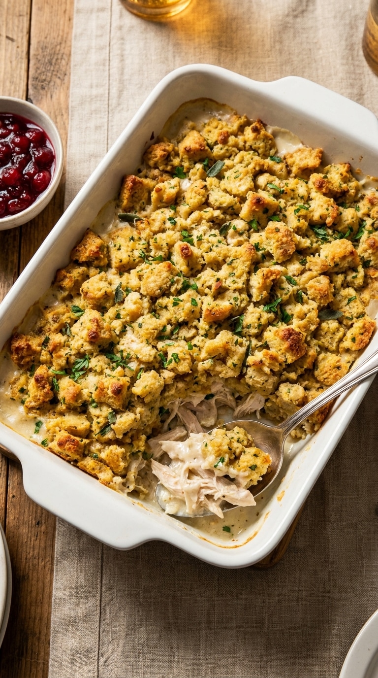A golden-brown chicken and dressing casserole in a white baking dish with a serving spoon lifting a portion.