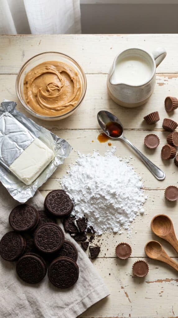An organized flat lay of peanut butter, Oreo cookies, cream cheese, and chocolate chips on a wooden table.