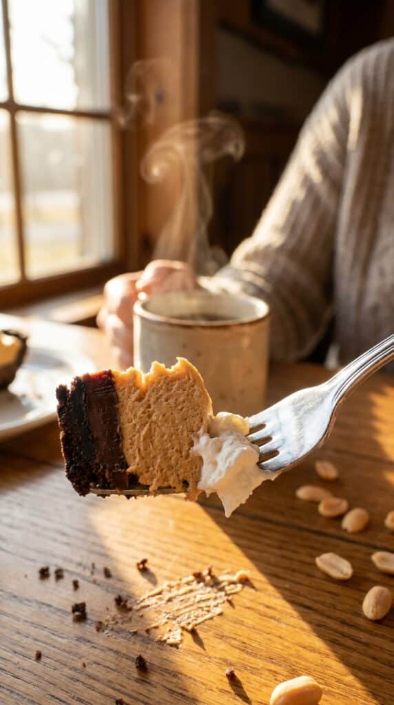 A fork taking a bite of a layered chocolate and peanut butter pie, showing the creamy texture.