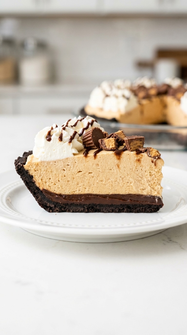 A slice of layered peanut butter pie with a chocolate cookie crust, a dark chocolate bottom layer, and peanut butter mousse.
