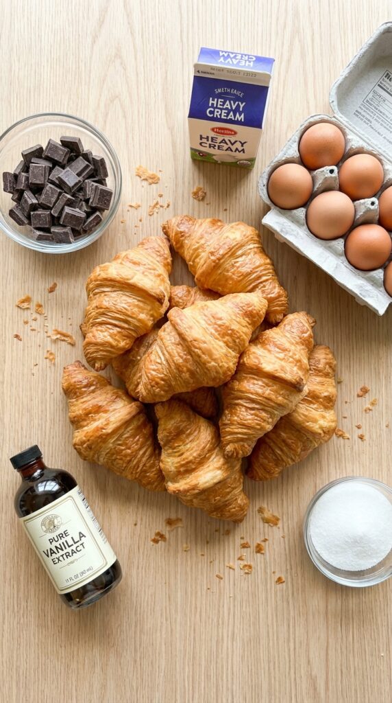 Ingredients for a croissant bake including whole croissants, chocolate chunks, eggs, cream, and vanilla on a wooden table.