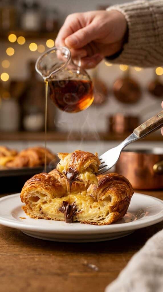 A close-up of a fork taking a bite of warm chocolate croissant pudding, showing the soft custard and melted chocolate inside.
