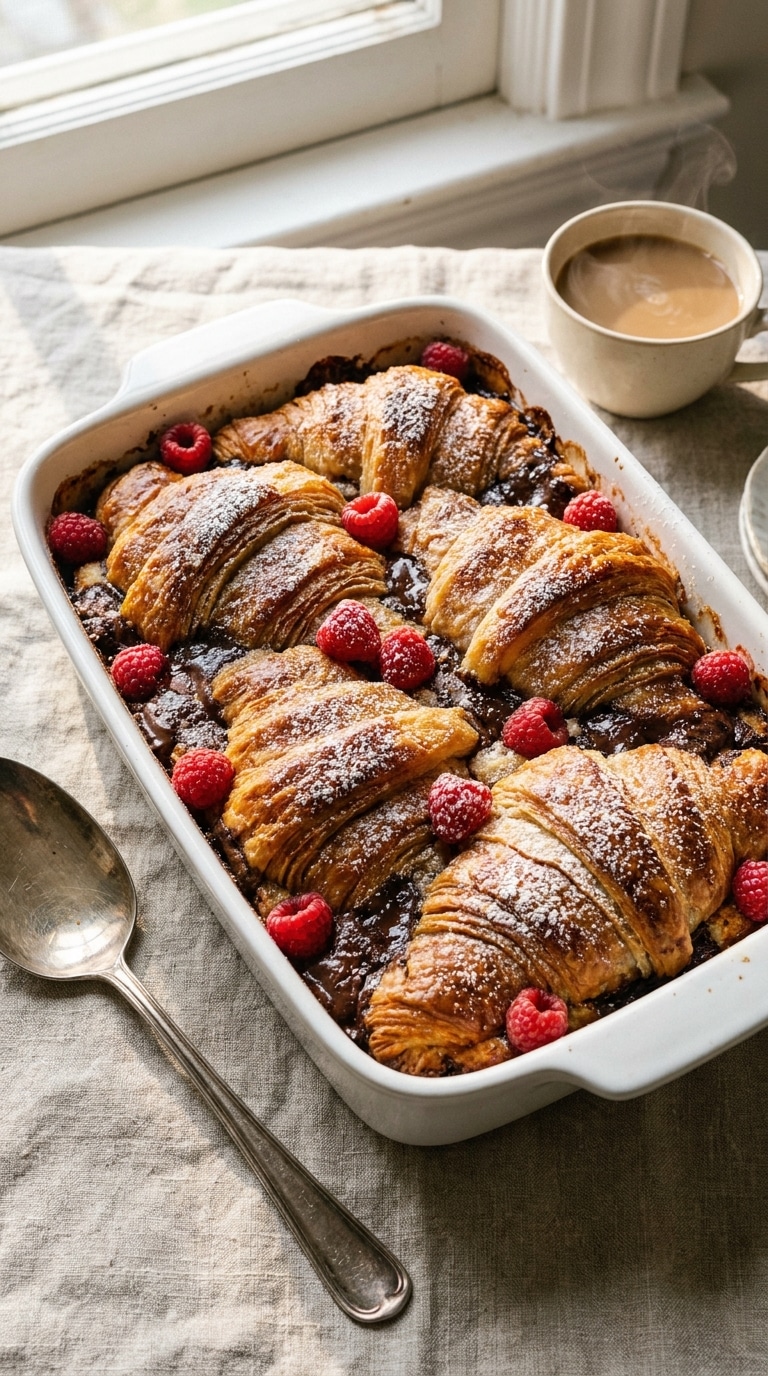 A golden-brown croissant bread pudding bake with melted chocolate chunks and a dusting of powdered sugar in a white dish.