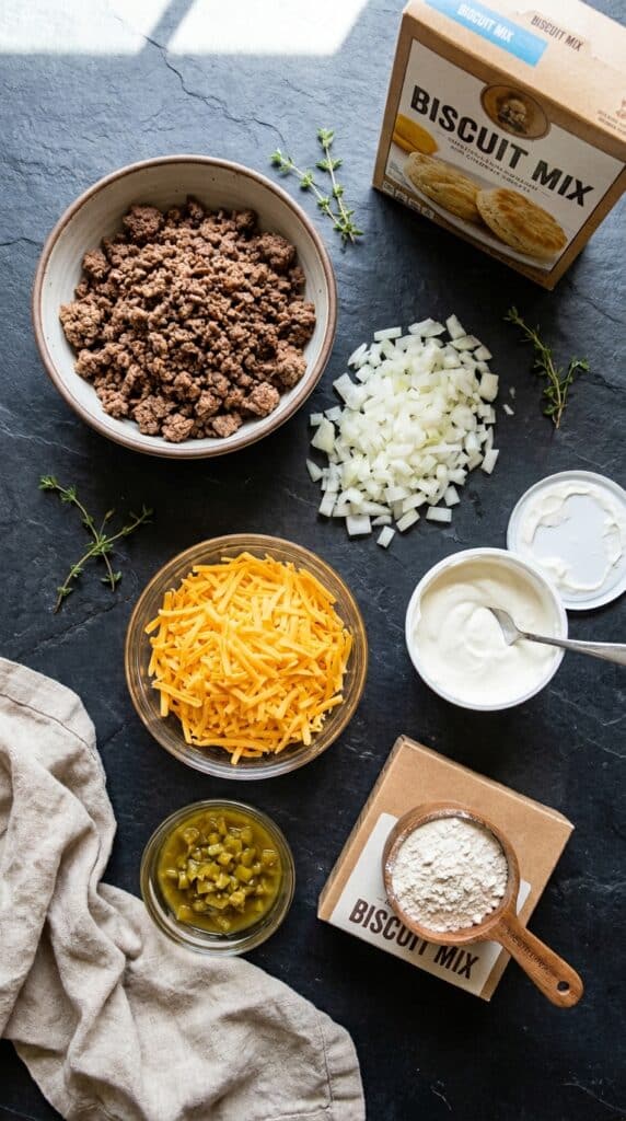 A flat lay of ground beef, onions, cheddar cheese, sour cream, green chilies, and biscuit mix on a dark counter.