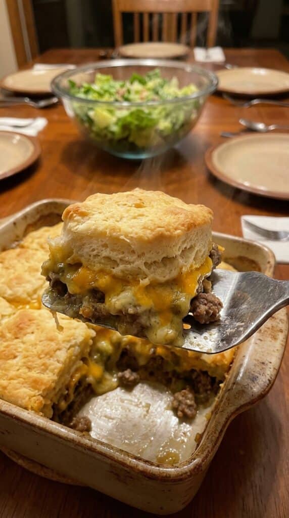 A spatula lifting a steaming serving of Cattle Drive Casserole, showing the layers of biscuit, cheese, and beef.
