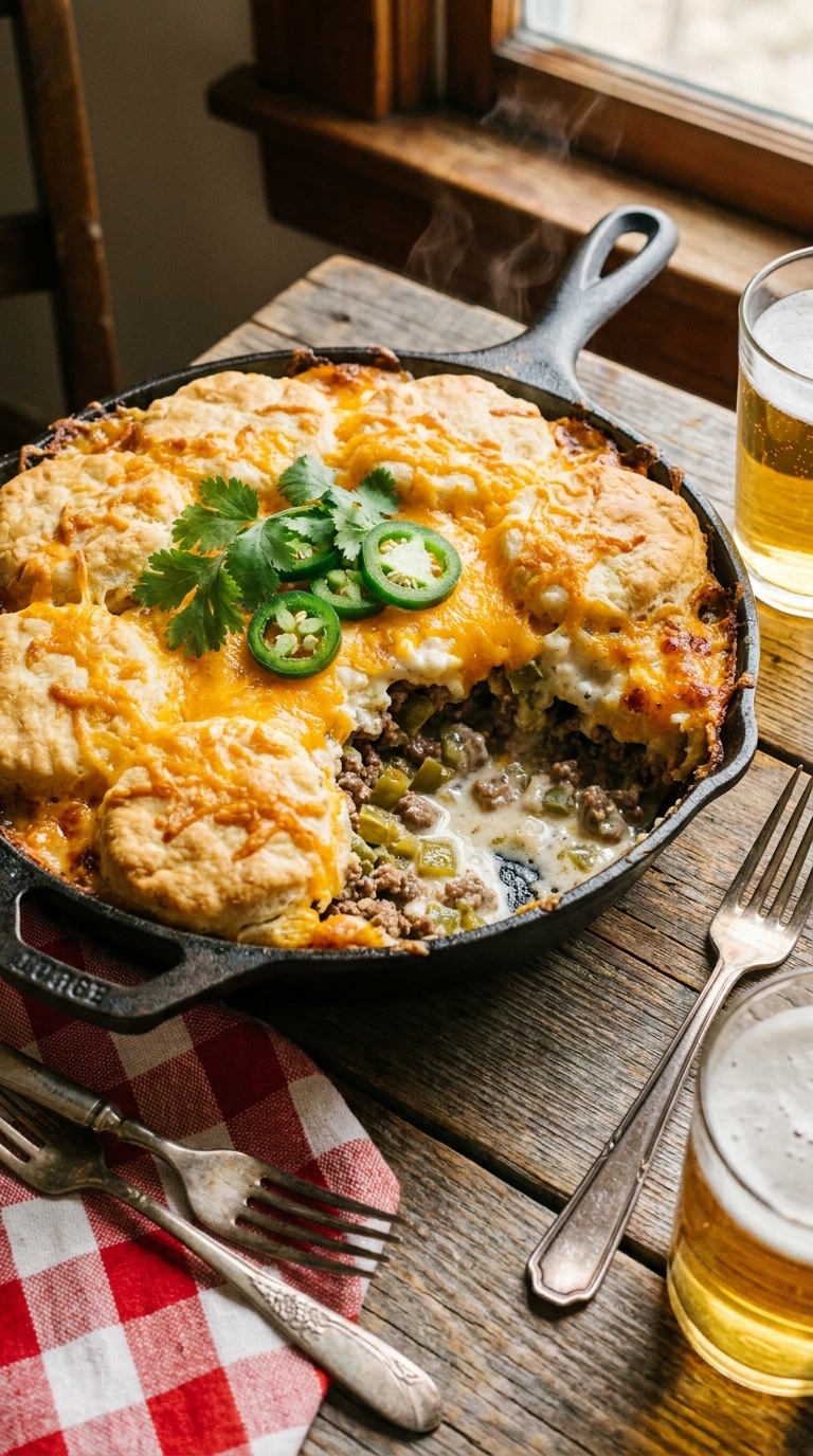 A golden-brown Cattle Drive Casserole in a cast iron skillet, featuring a biscuit topping and cheesy beef filling.
