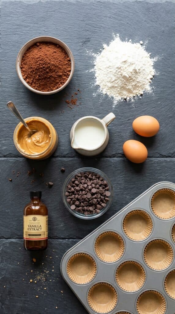An overhead flat lay of baking ingredients: cocoa powder, flour, creamy peanut butter, milk, eggs, and chocolate chips.