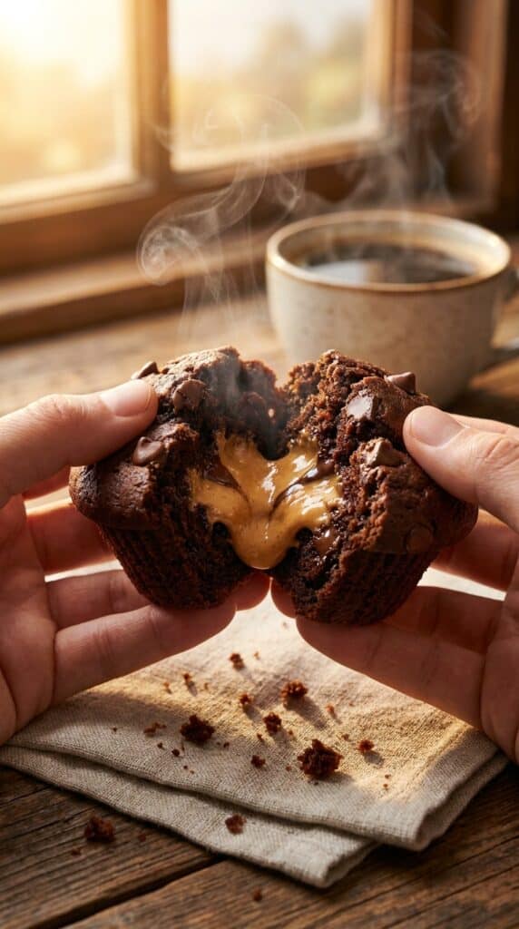 A close-up of a chocolate muffin being pulled apart to reveal a gooey peanut butter center and melted chocolate.