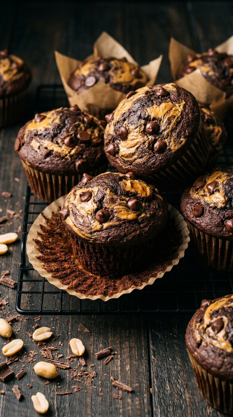 Dark chocolate muffins with peanut butter swirls and chocolate chips in brown paper liners.