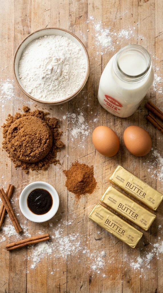 A flat lay of flour, brown sugar, milk, eggs, cinnamon, and butter on a wooden kitchen counter.