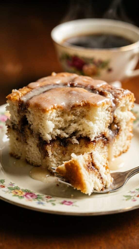 A close-up of a slice of cinnamon swirl cake on a plate with a fork taking a bite, showing the marbled interior.