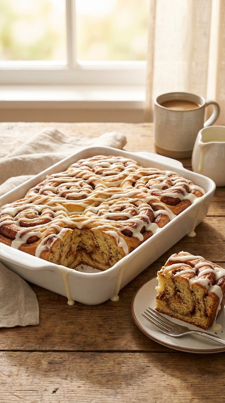 A golden-brown cinnamon swirl cake in a baking dish, covered in a thick, white glossy glaze.