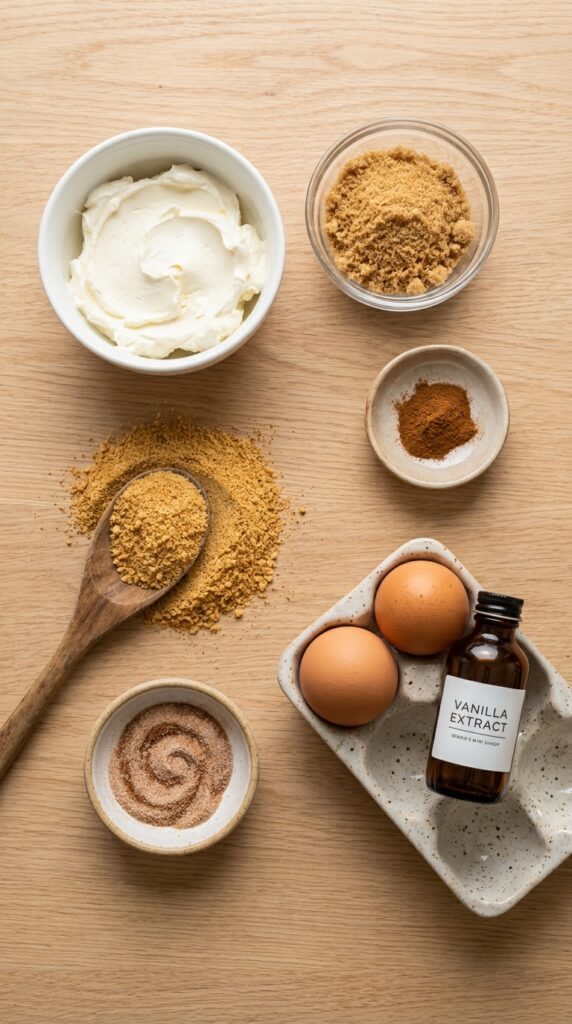 An organized flat lay of cream cheese, brown sugar, cinnamon, eggs, and graham cracker crumbs on a light wood background.