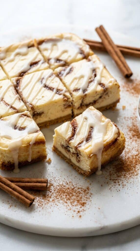 A fork taking a bite out of a swirled cinnamon cheesecake bar, showing the layers and texture.