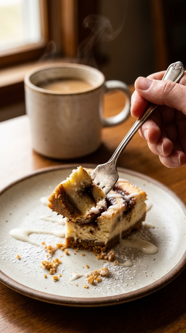 A close-up of creamy cheesecake bars with deep brown cinnamon swirls and a white icing drizzle on a marble surface.