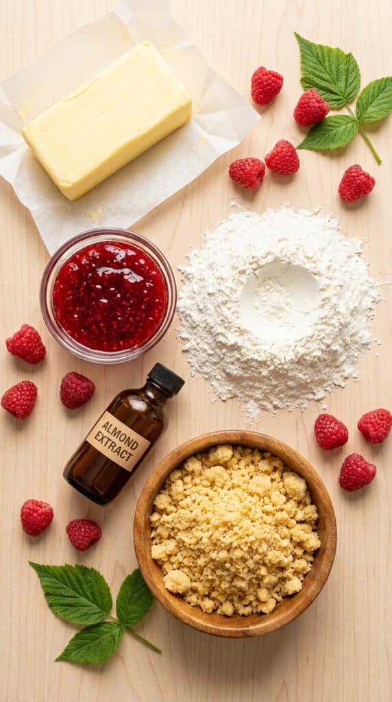 An organized layout of flour, butter, raspberry jam, and sugar on a light wooden table.