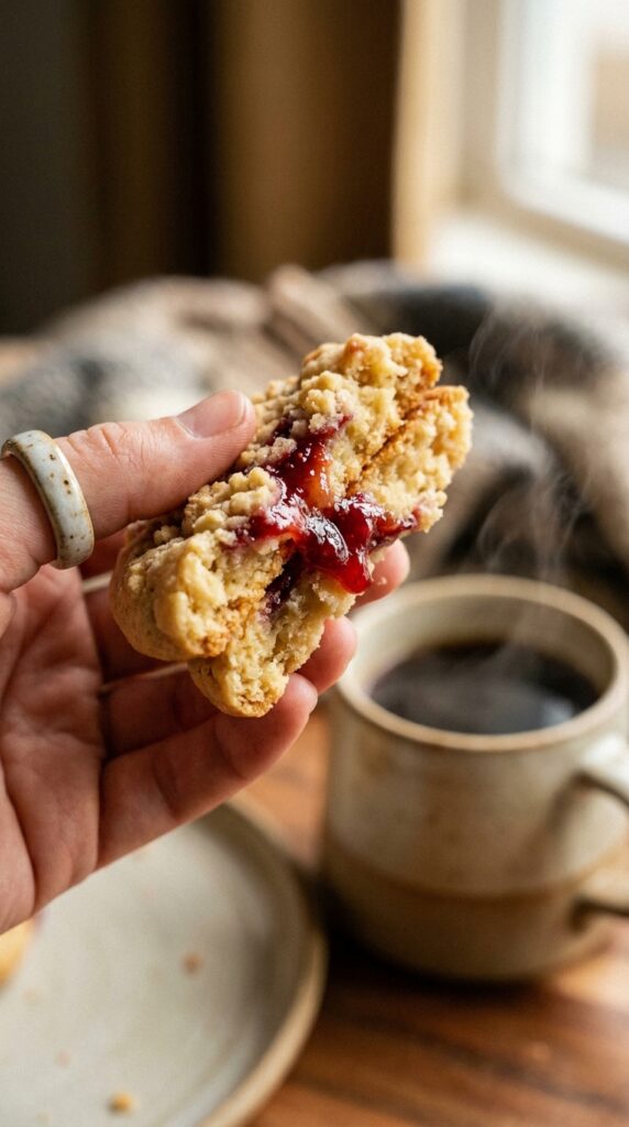 A hand pulling apart a large raspberry crumble cookie to reveal a soft buttery center and red jam.