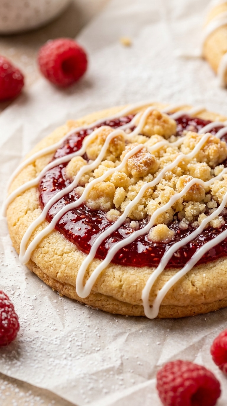 A large, thick shortbread cookie with a bright red raspberry jam center, golden crumble topping, and white icing drizzle.