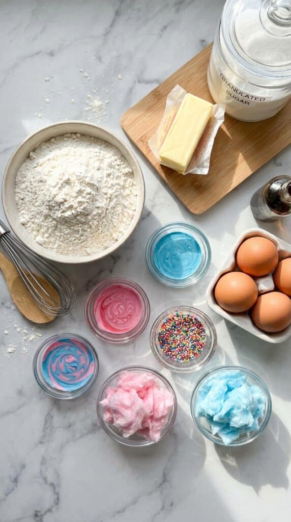 An organized flat lay of pre-baked pie shell, milk, sugar, gelatin, eggs, cream, extracts, and toasted coconut on a marble counter.