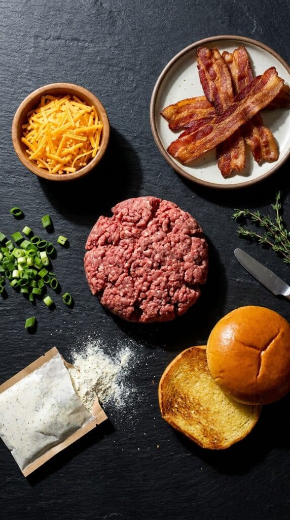 Raw ground beef, shredded cheddar cheese, crispy bacon, and ranch seasoning arranged on a slate surface.