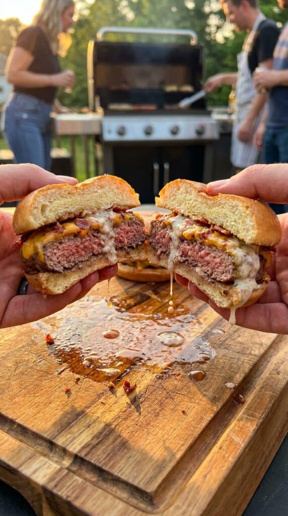 A hand holding a halved bacon ranch burger, showing the juicy interior and melted cheese.