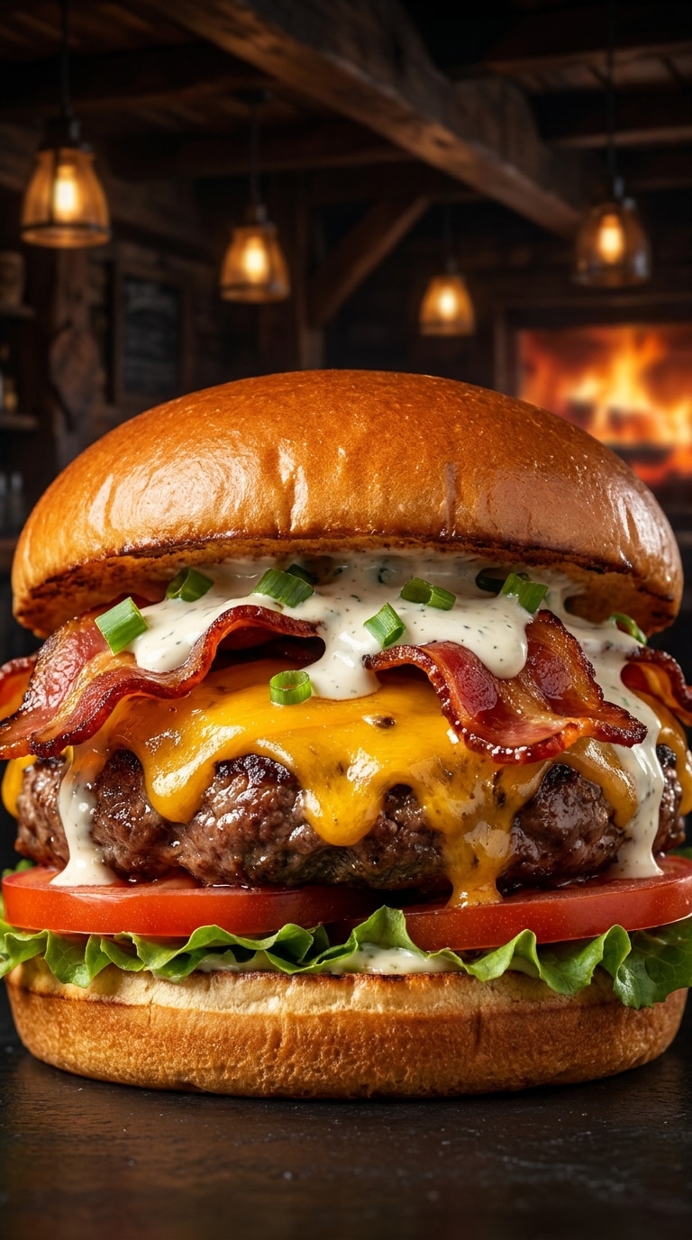 A juicy bacon cheeseburger with melted cheddar and ranch dressing on a toasted brioche bun.