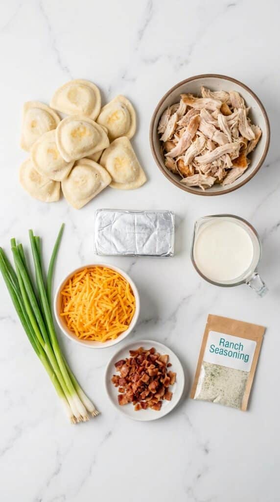 A flat lay of frozen pierogies, shredded chicken, cream cheese, heavy cream, cheddar cheese, and bacon on a marble counter.