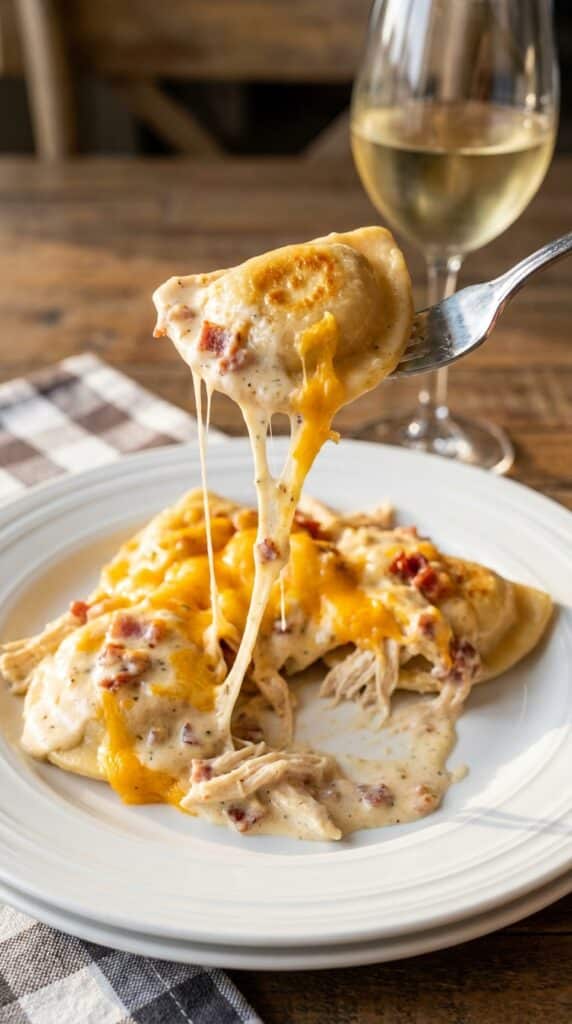 A close-up of a fork lifting a cheesy pierogi from a plate, showing melted cheese and a creamy sauce with bacon.