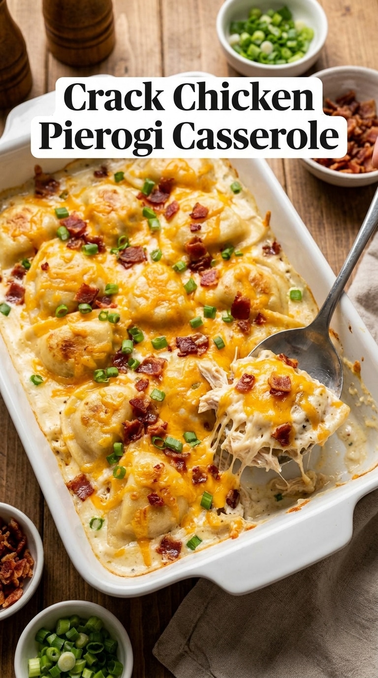 A cheesy pierogi casserole in a white dish topped with melted cheddar, bacon bits, and green onions.