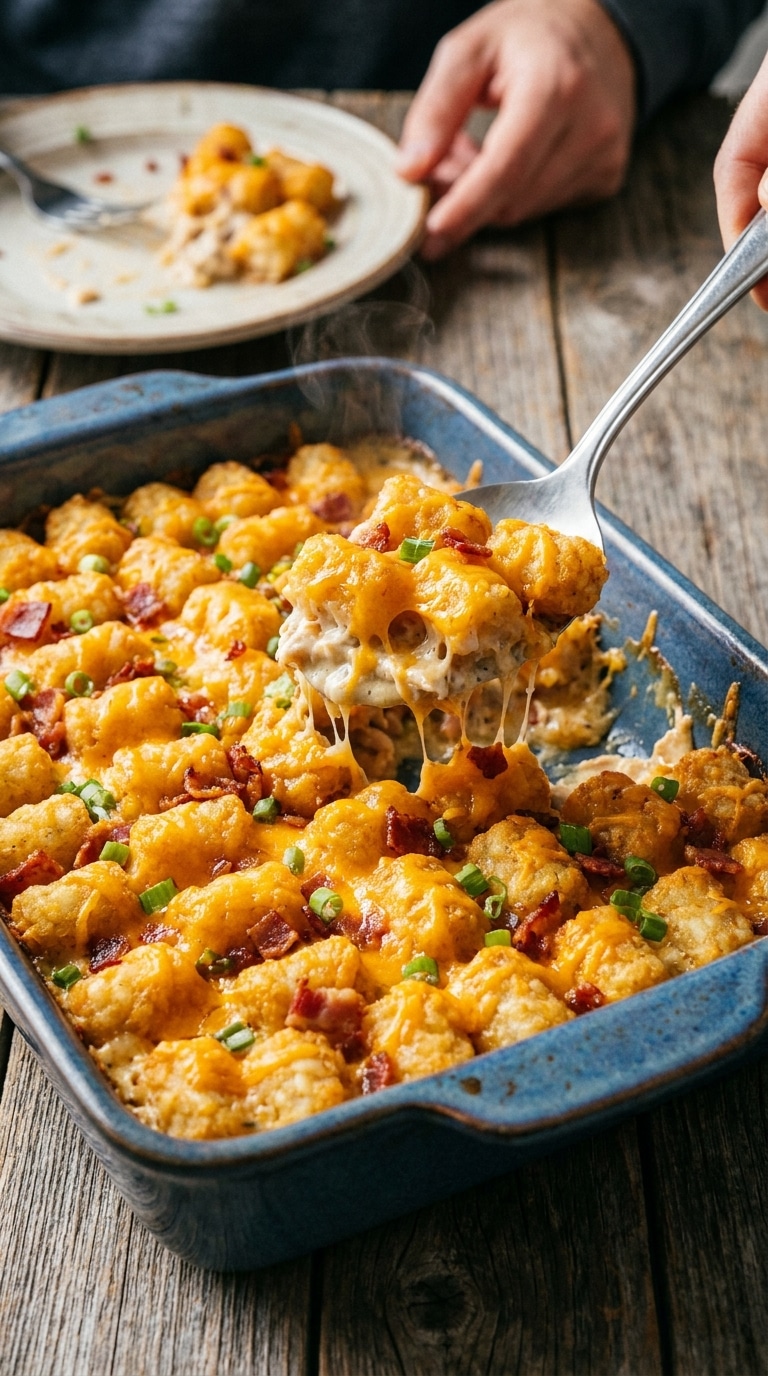A cheesy tater tot casserole in a blue dish, featuring layers of chicken, bacon, and melted cheddar garnished with green onions.