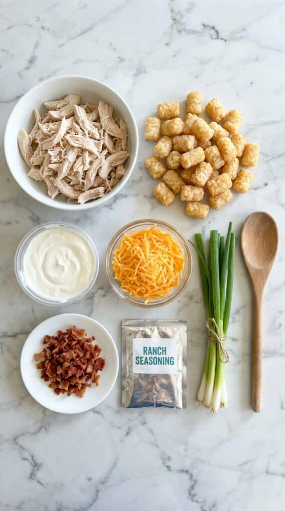 An overhead flat lay of shredded chicken, tater tots, cheddar cheese, bacon bits, sour cream, and ranch seasoning.