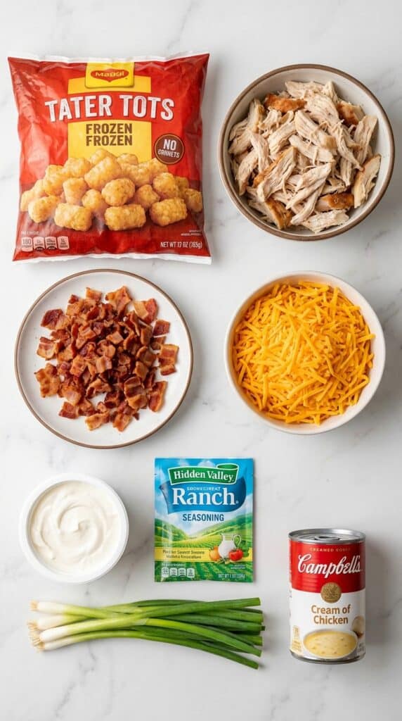 A flat lay of frozen tater tots, shredded chicken, bacon bits, cheddar cheese, sour cream, and ranch seasoning on a marble counter.