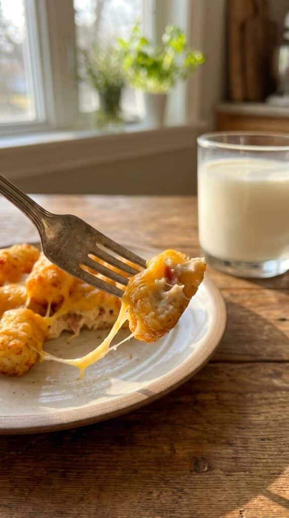 A close-up of a fork lifting a cheesy tater tot from a creamy chicken casserole, showing melted cheese strings.