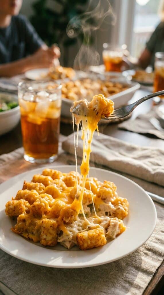A close-up of a fork taking a bite of cheesy chicken tater tot casserole with steam rising.