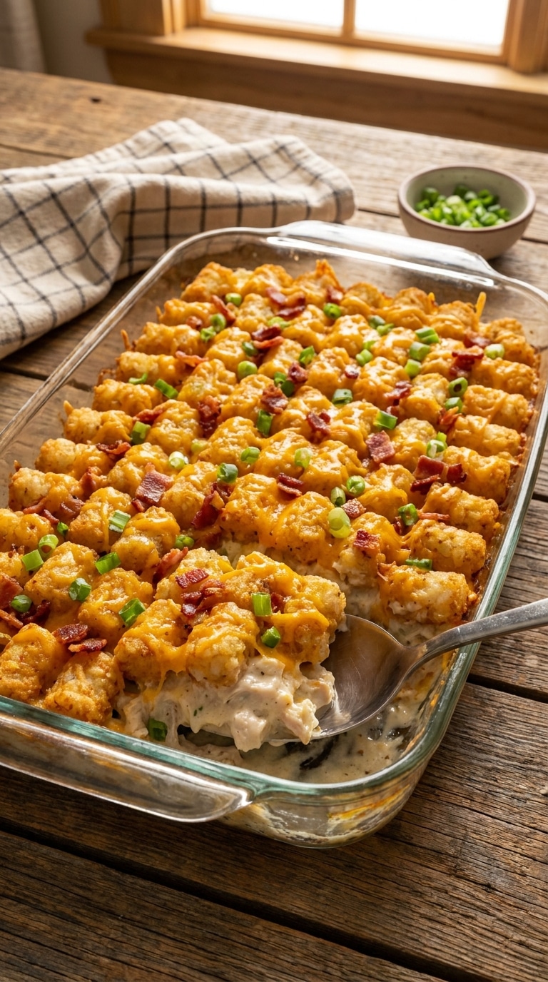 A golden-brown tater tot casserole in a glass dish, topped with melted cheese, bacon bits, and green onions.