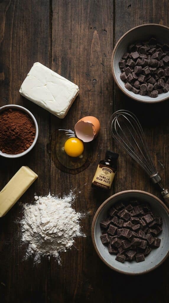 An organized flat lay of cocoa powder, cream cheese, eggs, and butter on a dark counter.
