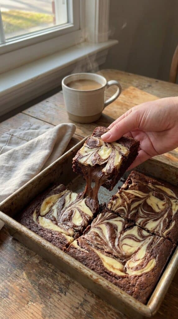 A hand lifting a marble-swirl brownie out of a baking pan, showing a dense, fudgy center.