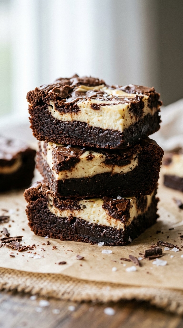 A stack of thick fudgy brownies with a white cream cheese marble swirl on top, sitting on parchment paper.