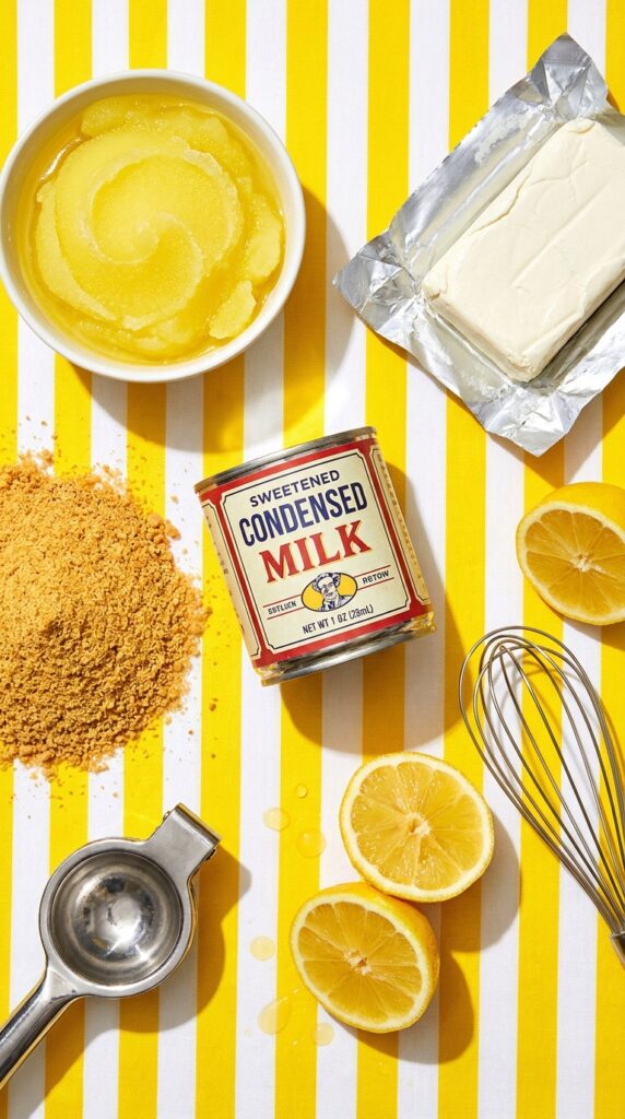 Ingredients for lemonade pie including lemons, cream cheese, condensed milk, and graham crumbs on a yellow background.